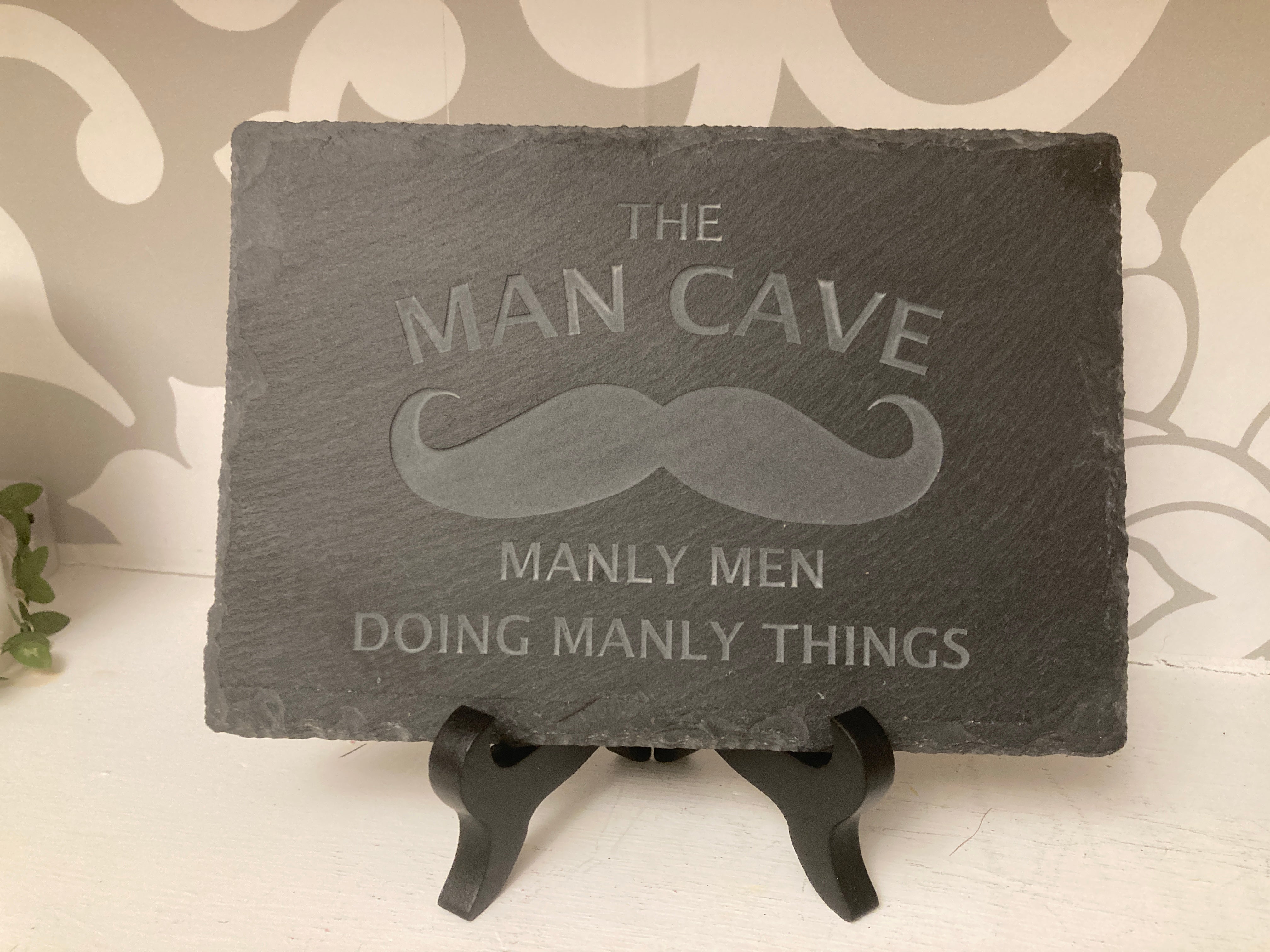 The Man Cave. Manly Men Doing Manly Things Desk Sign/Shelf Sign. 5"x7" carved slate sign.