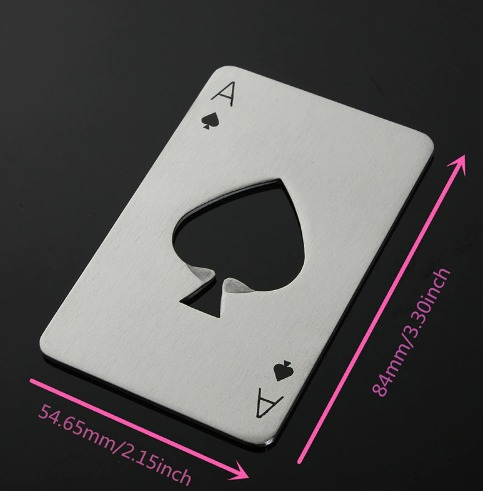 Stainless steel poker card bottle opener is the perfect gift. Good as a stocking-stuffer for Christmas, Groomsmen gifts for wedding favours, birthdays, and more.  Fits perfectly in a wallet slot.