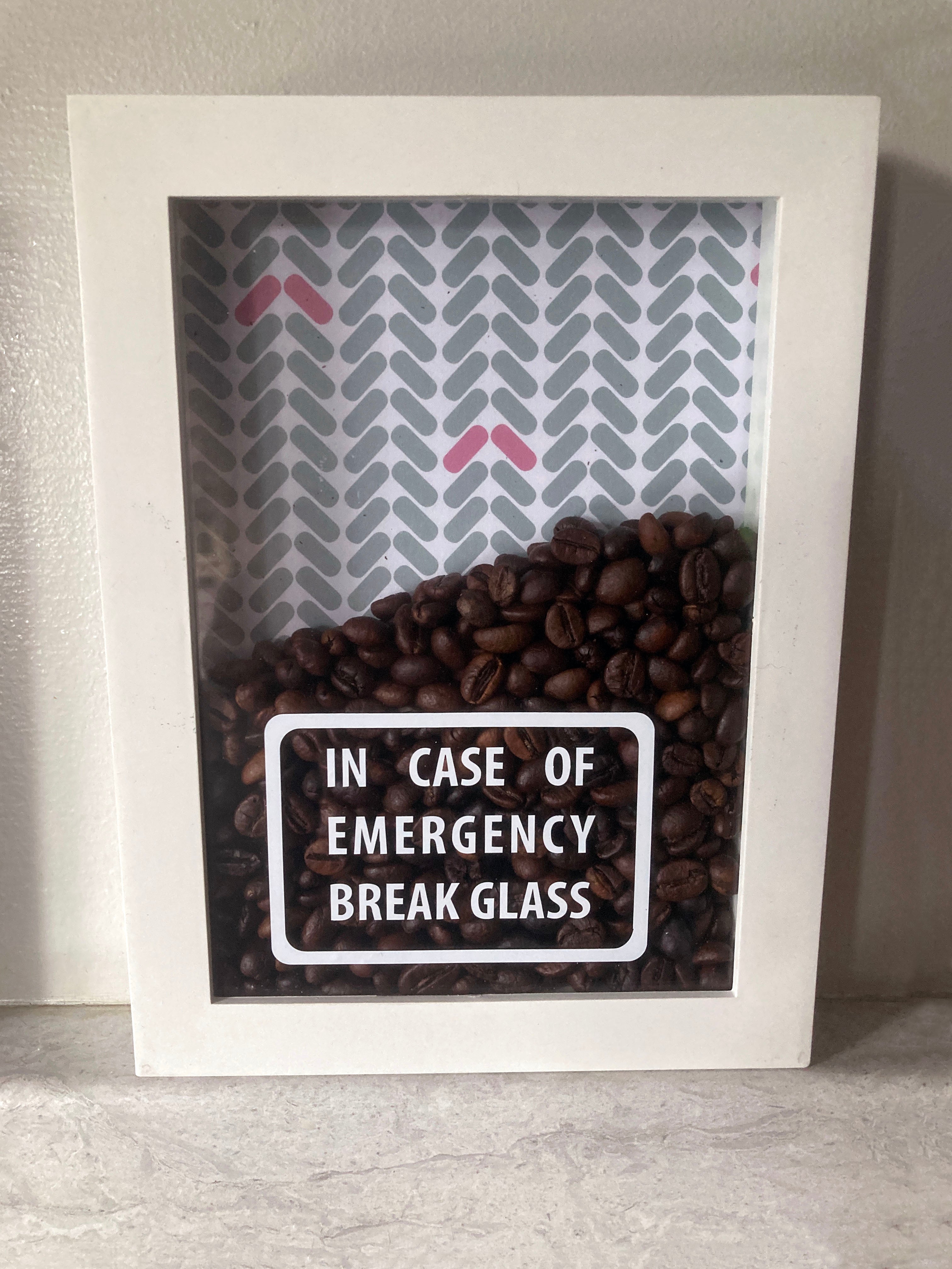In Case of Emergency Break Glass - Coffee. White Shadow Box Frame. Great Gift Idea for that coffee lover.