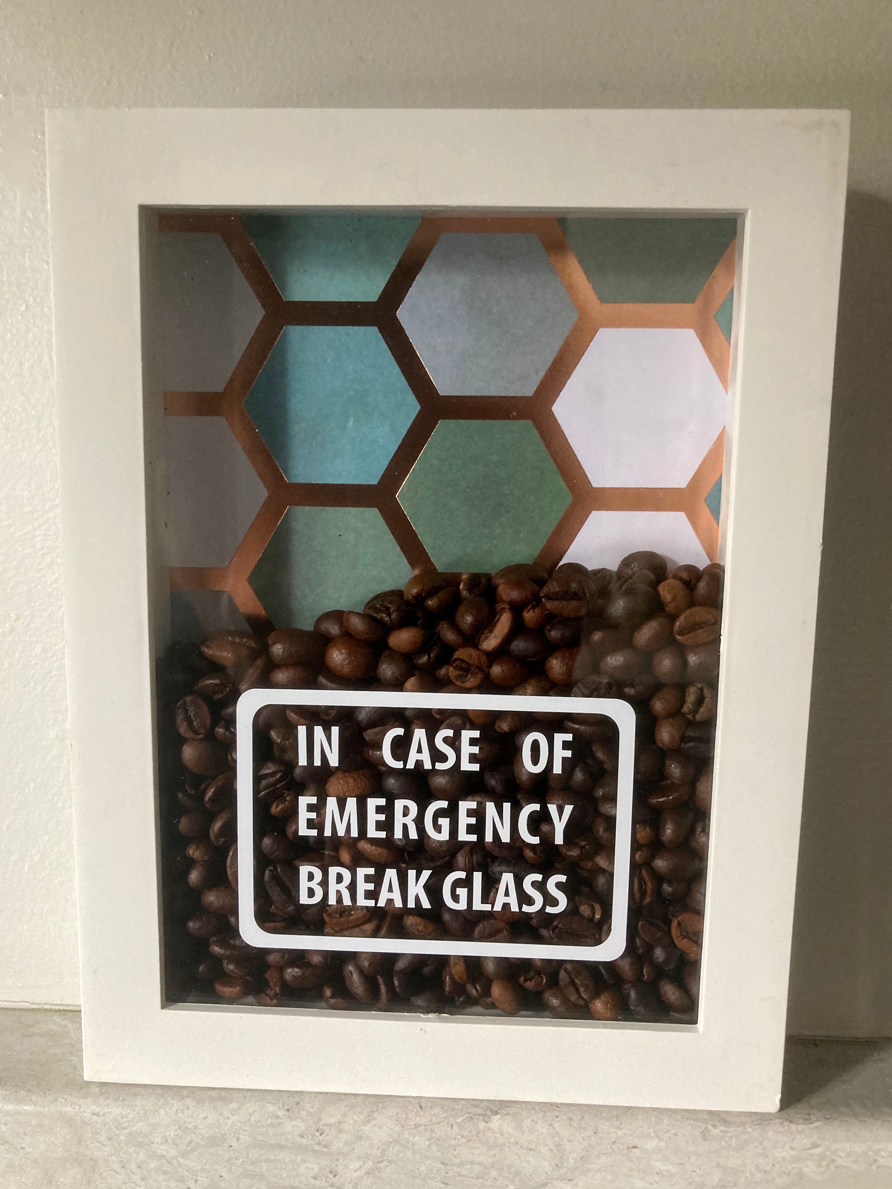In Case of Emergency Break Glass - Coffee. White Shadow Box Frame. Great Gift Idea for that coffee lover in your life.