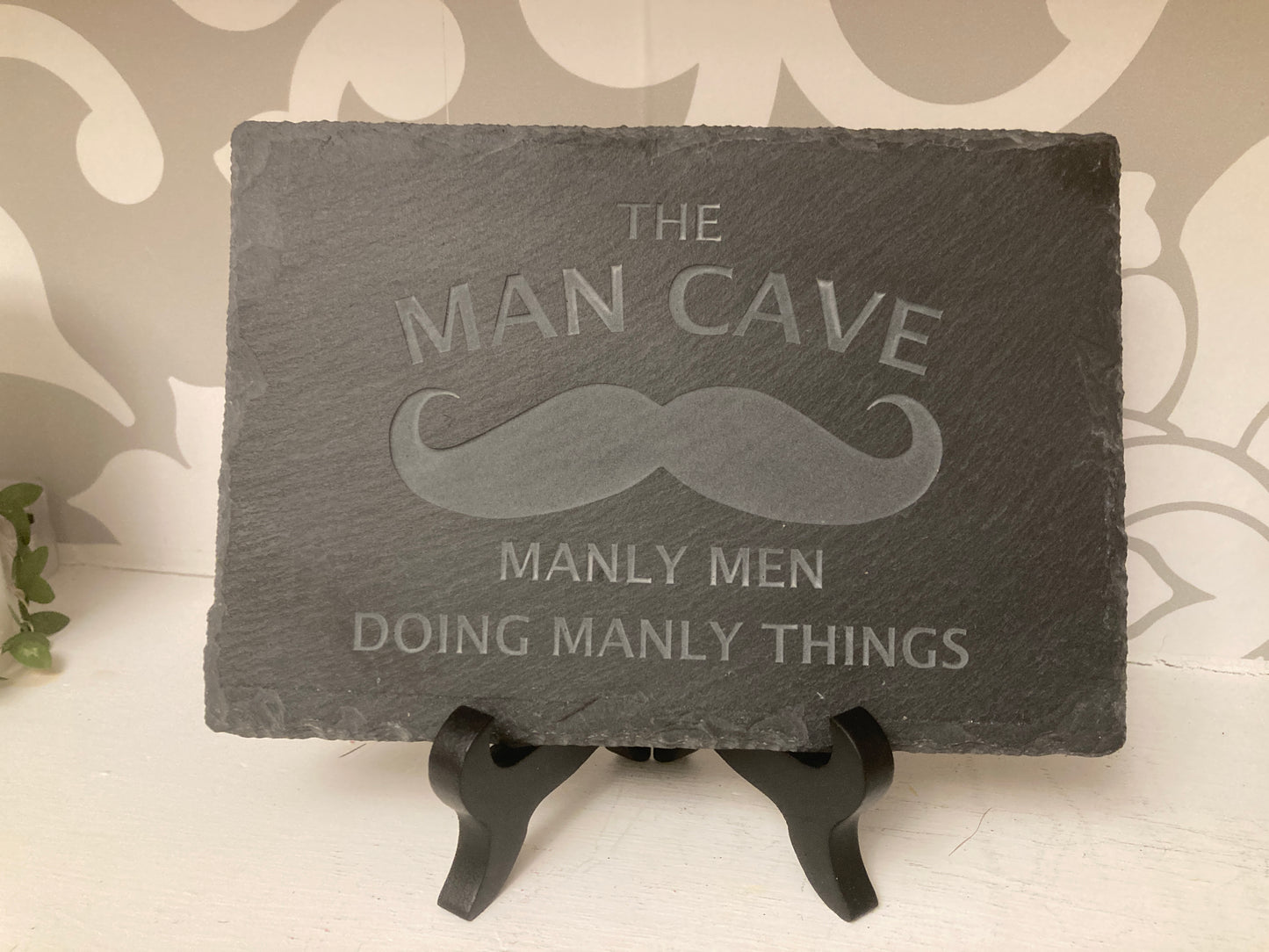 The Man Cave. Manly Men Doing Manly Things Desk Sign/Shelf Sign. 5"x7" carved slate sign.