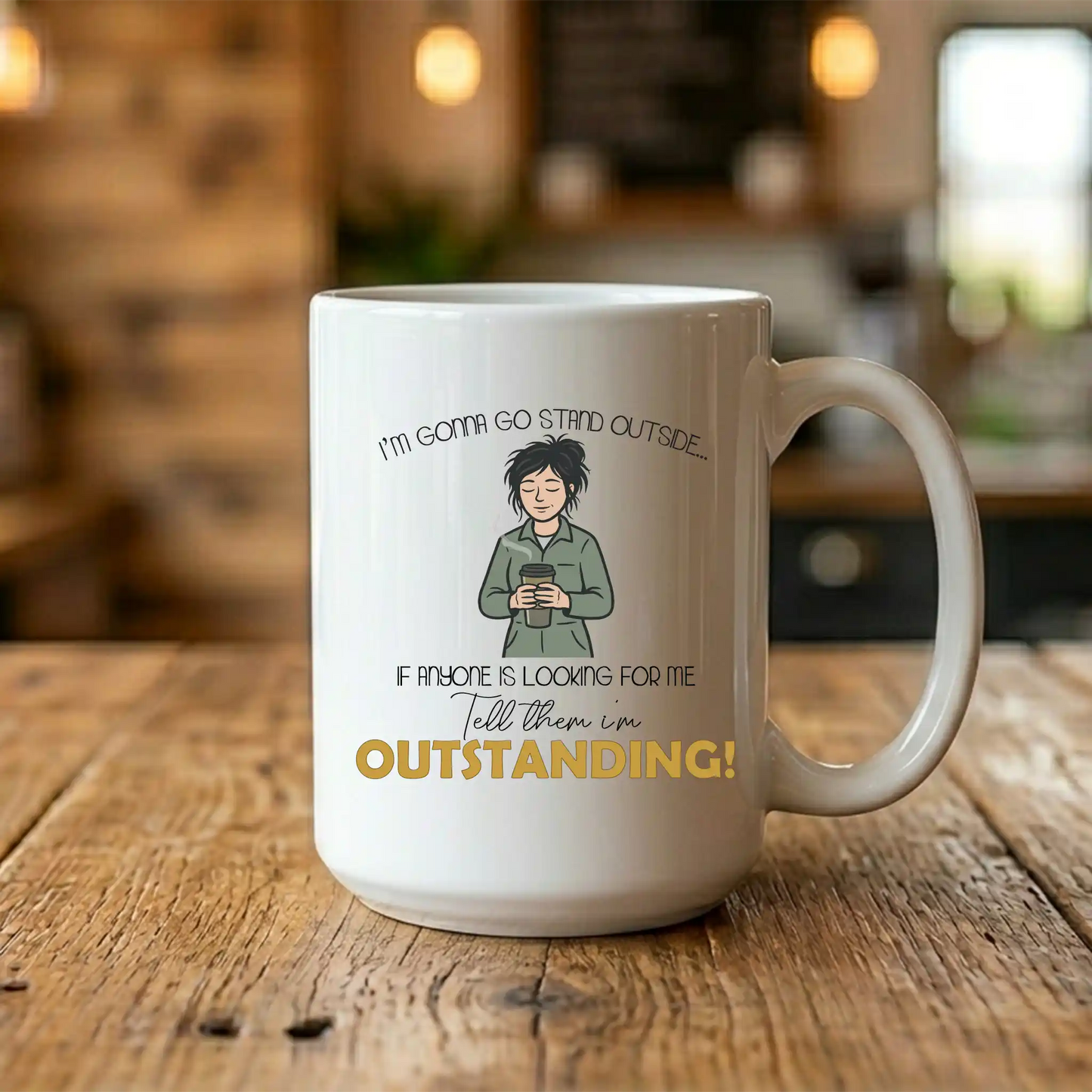 Sublimated 15oz white mug showing a groggy female character in a work jumpsuit, centered on a rustic wooden table.