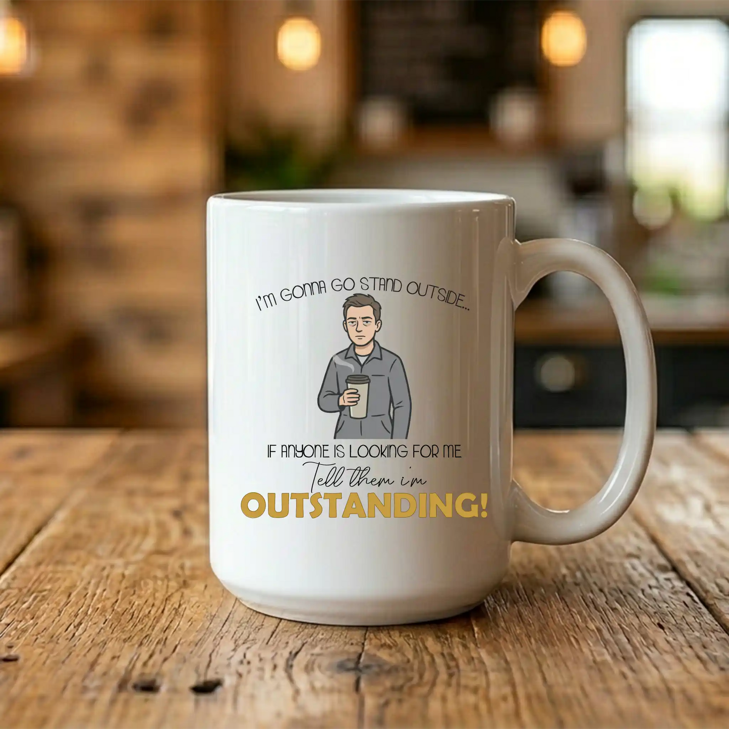 Large 15oz ceramic mug with a rounded base, featuring a high-resolution print of a tired male character holding a coffee cup.