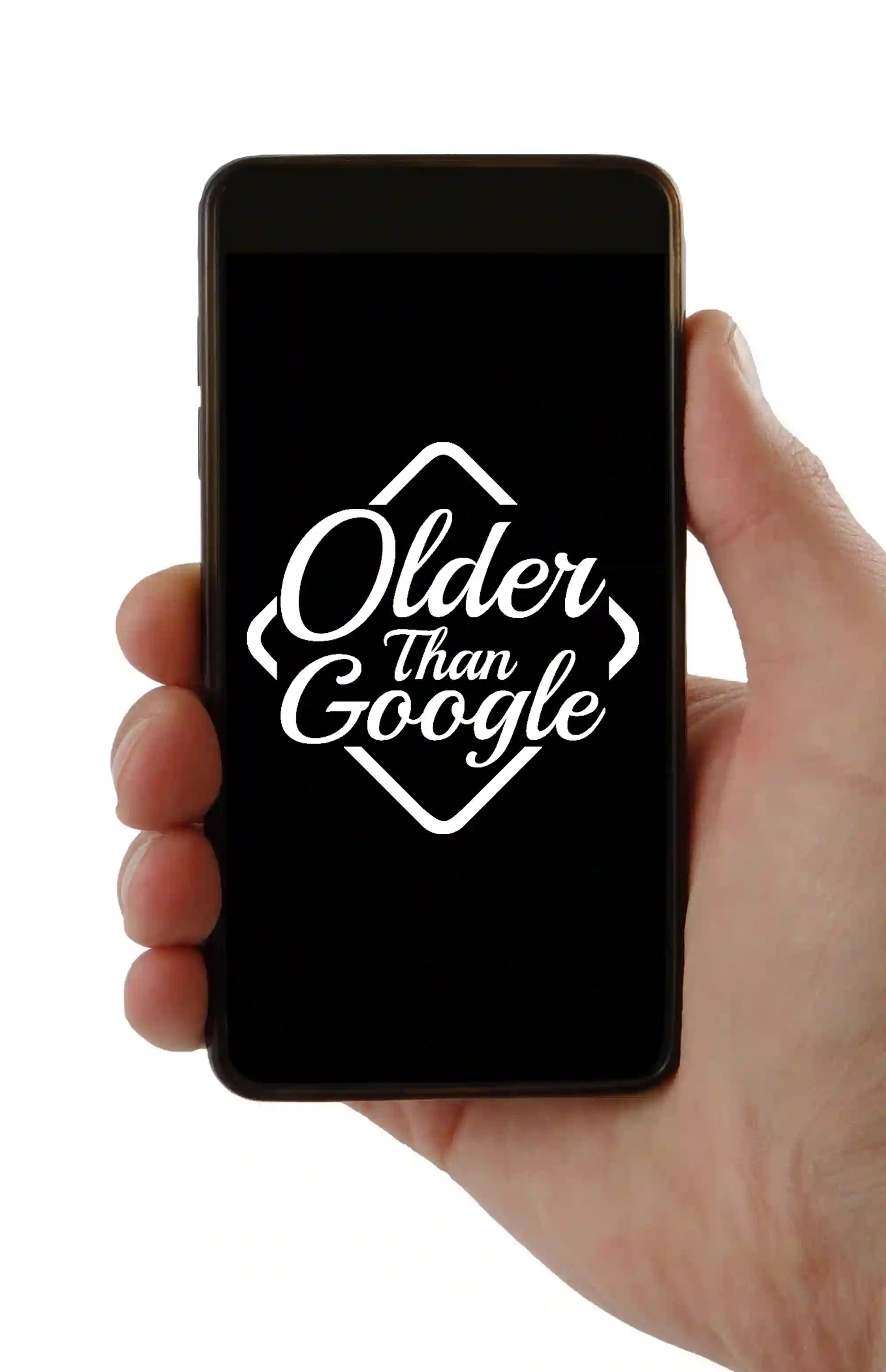 "Older Than Google" white decal on cell phone back | Funny smartphone sticker for phone case | Tech accessory vinyl graphic