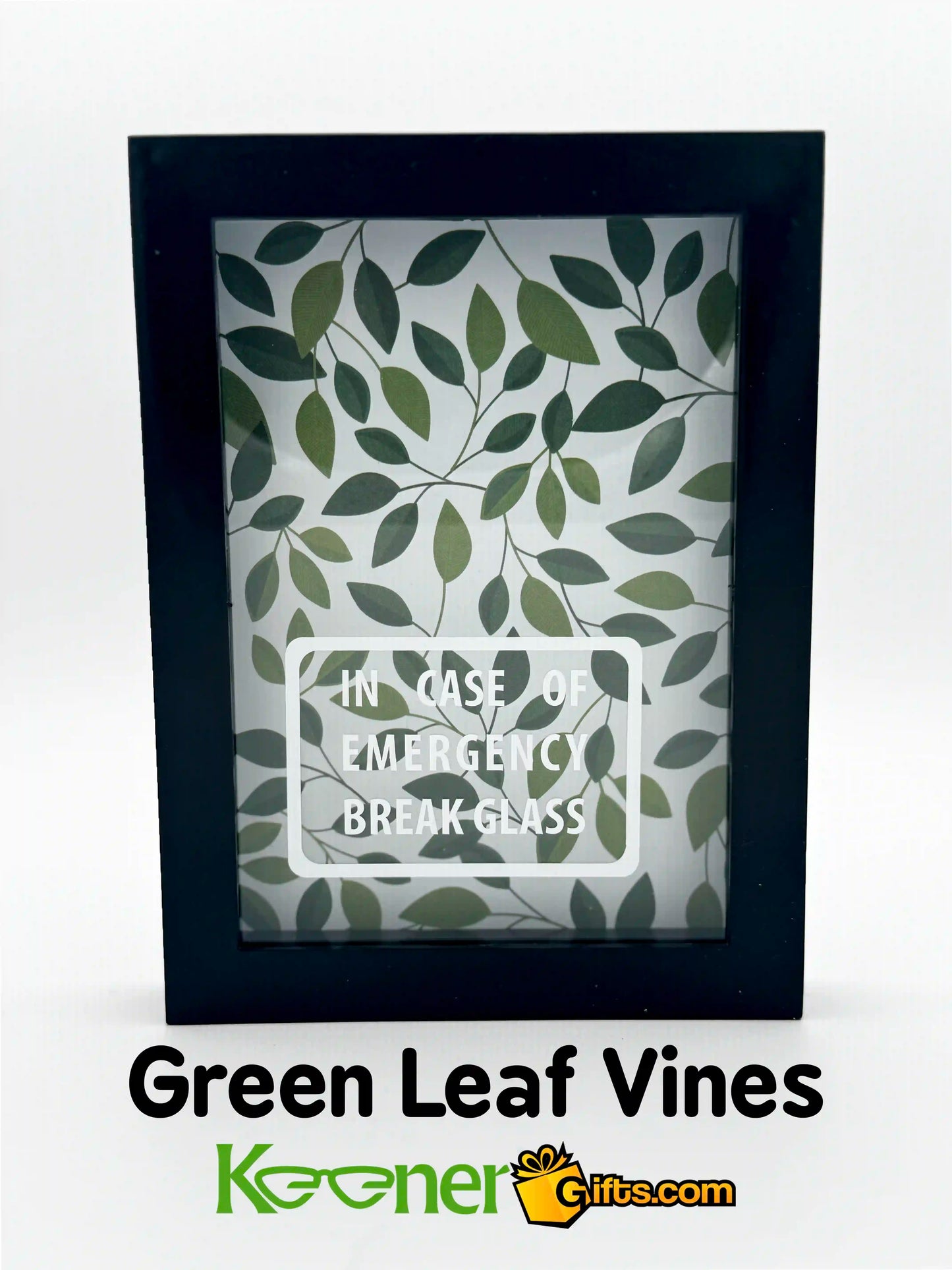 In Case of Emergency Break Glass Shadow Box Black Frame, Empty. Green Leaf Vines Background.