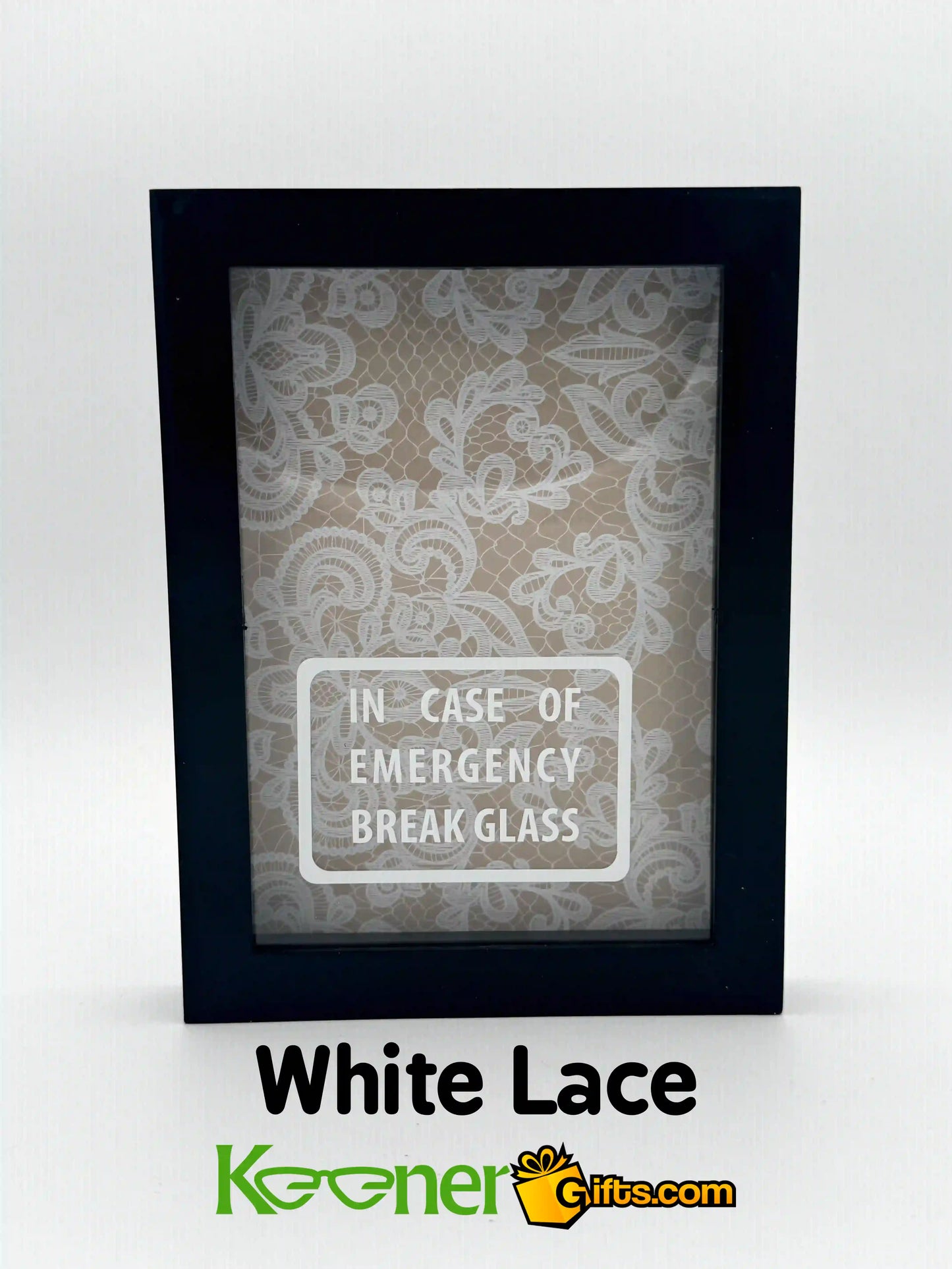 In Case of Emergency Break Glass Shadow Box Black Frame, Empty. White Lace Background.