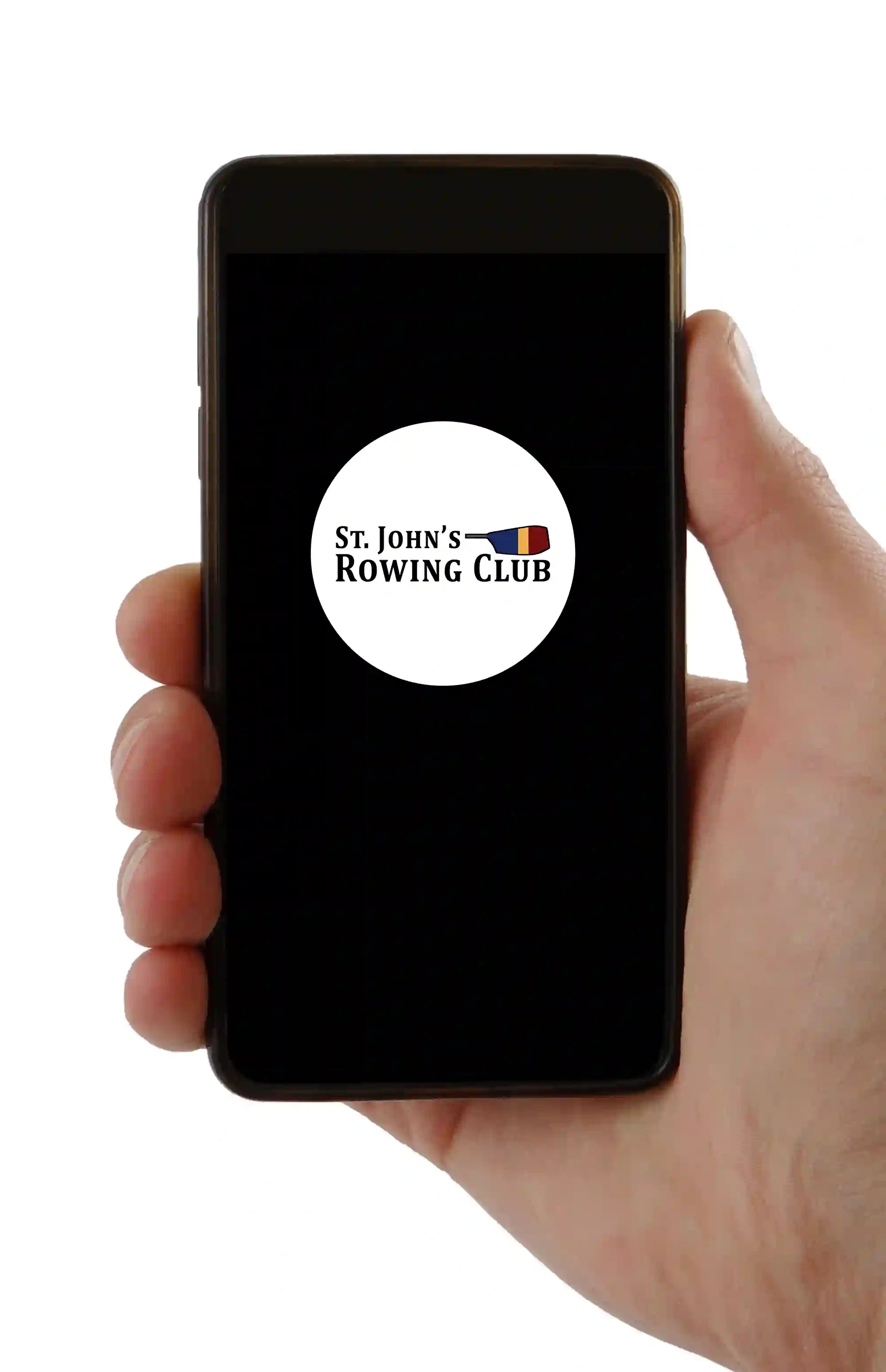 St. John's Rowing Club logo with a colorful rowing oar. A white 2" x 2" sticker on a cell phone.