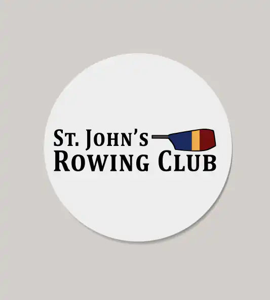 St. John's Rowing Club logo with a colorful rowing oar. On a white 2" x 2" sticker.