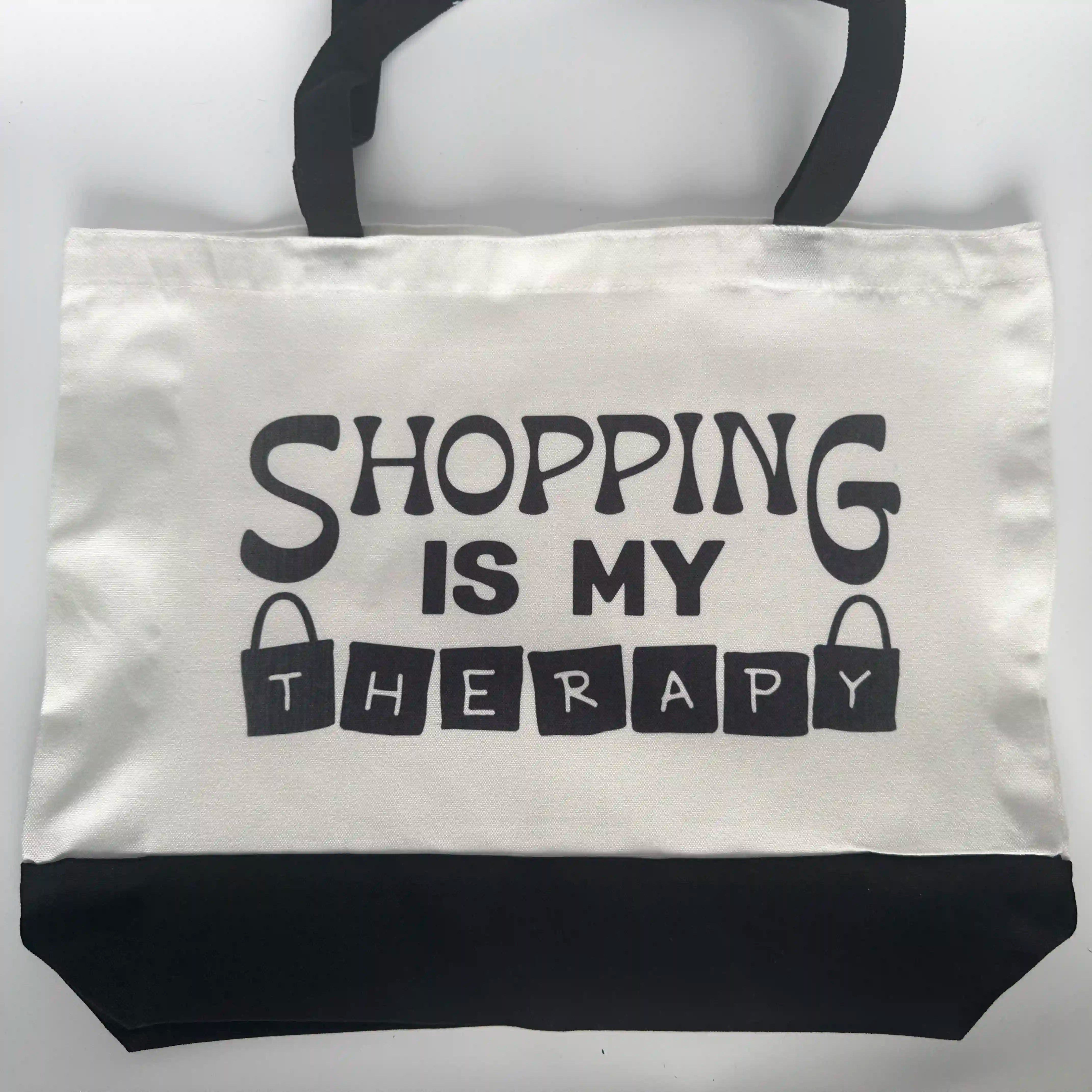 Large canvas tote bag "Shopping is my Therapy" black bottom and handles 18.5 x 15 inches