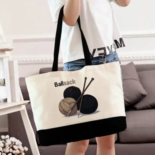 Funny knitting canvas tote bag with "Ballsack" text and picture of three yarn balls and needles