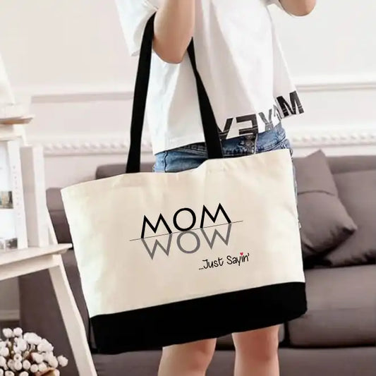 Funny canvas tote bag "Mom" and upside down "WOW Just Sayin" graphic for Mother's Day gift