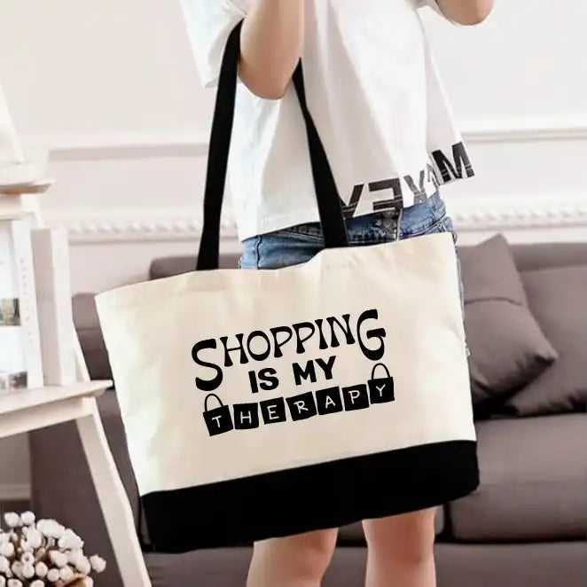 Large canvas tote bag "Shopping is my Therapy" black bottom and handles 18.5 x 15 inches