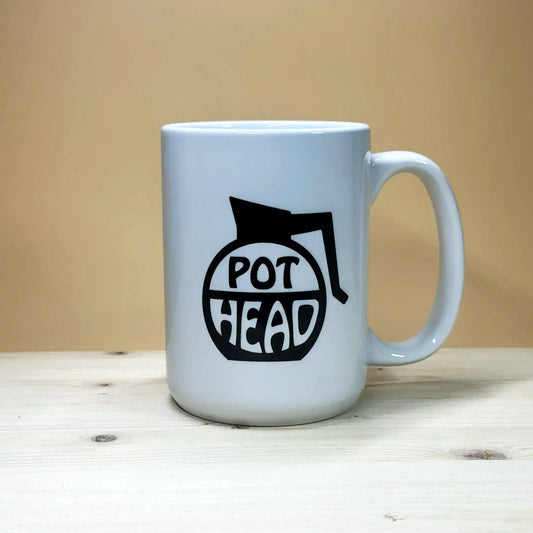 15oz white ceramic mug featuring a black coffee pot silhouette with the word Pothead integrated into the design.