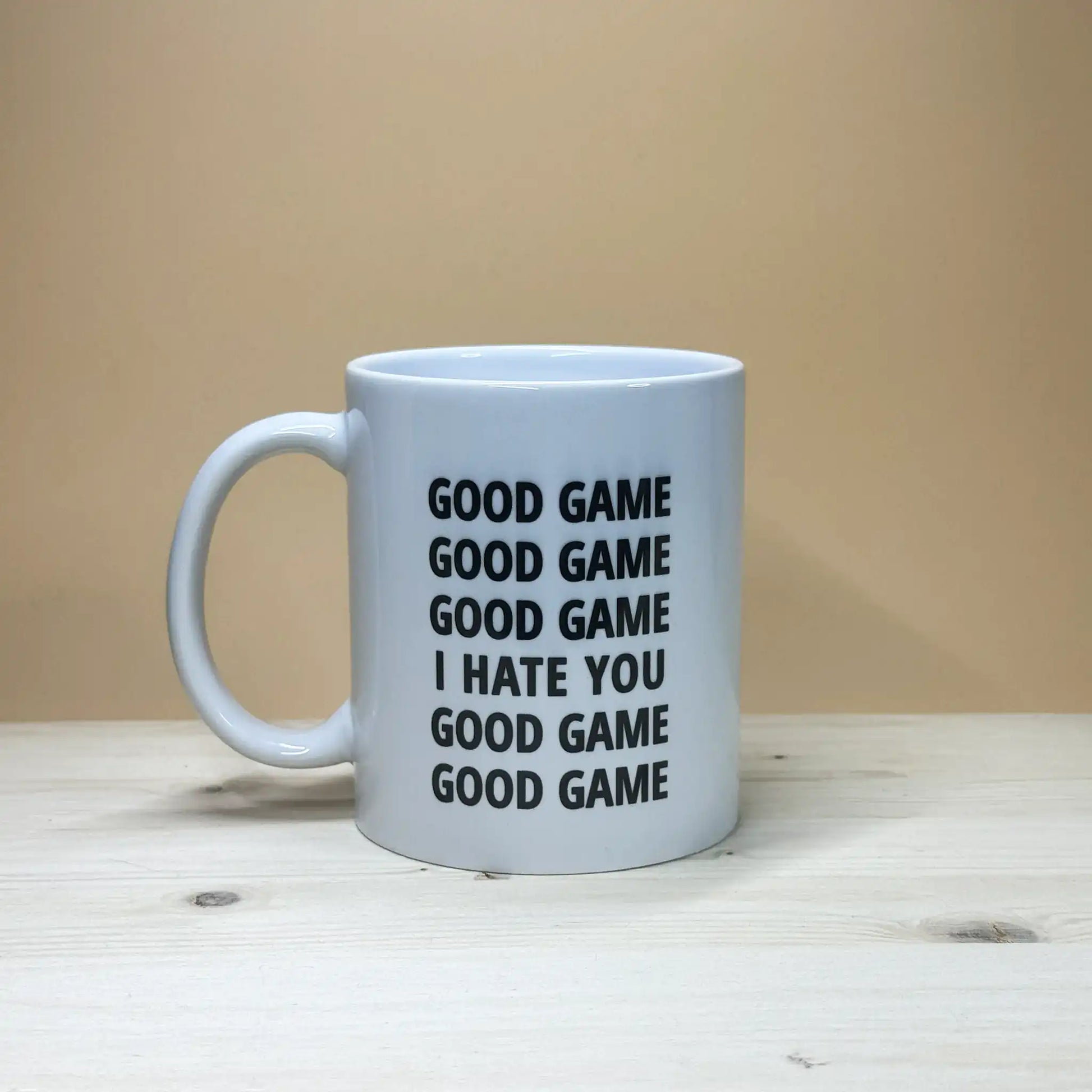 Sarcastic volleyball player joke coffee cup 11oz featuring the i hate you handshake line quote.