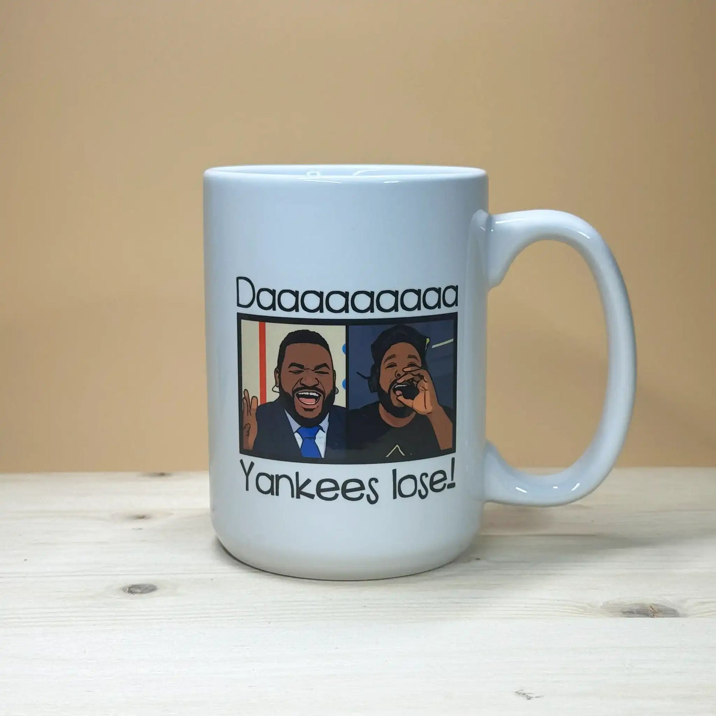 15oz Boston baseball fan mug with funny Yankees lose quote and classic baseball graphics.