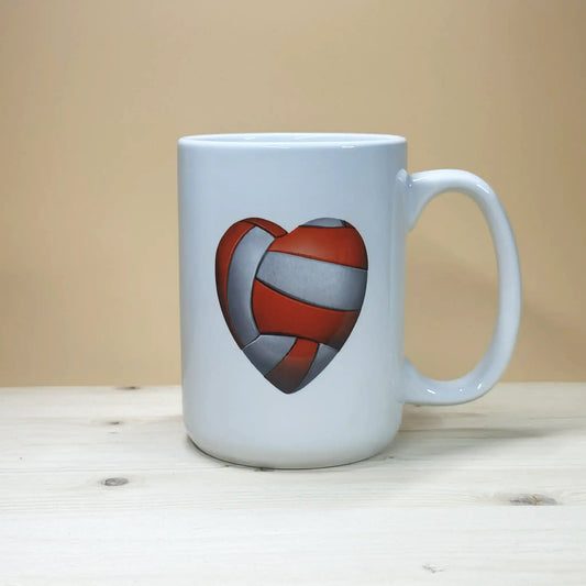 Large 15oz ceramic volleyball mug with red and white heart graphic for post-game handshake line humor.
