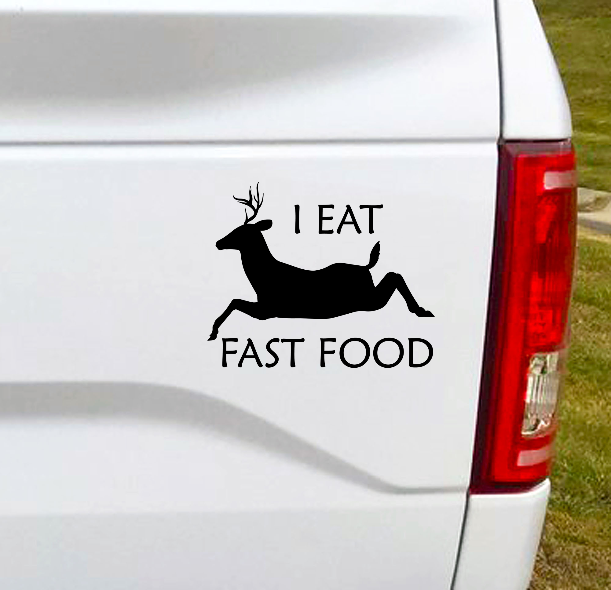I Eat Fast Food vinyl car decal bumper sticker. Hunters do seem to eat a lot of fast food.  5"W x 5"H Funny Car Decal, Car Sticker, Car Vinyl, Bumper Sticker, Vinyl Stickers, Vinyl Sticker. Black
