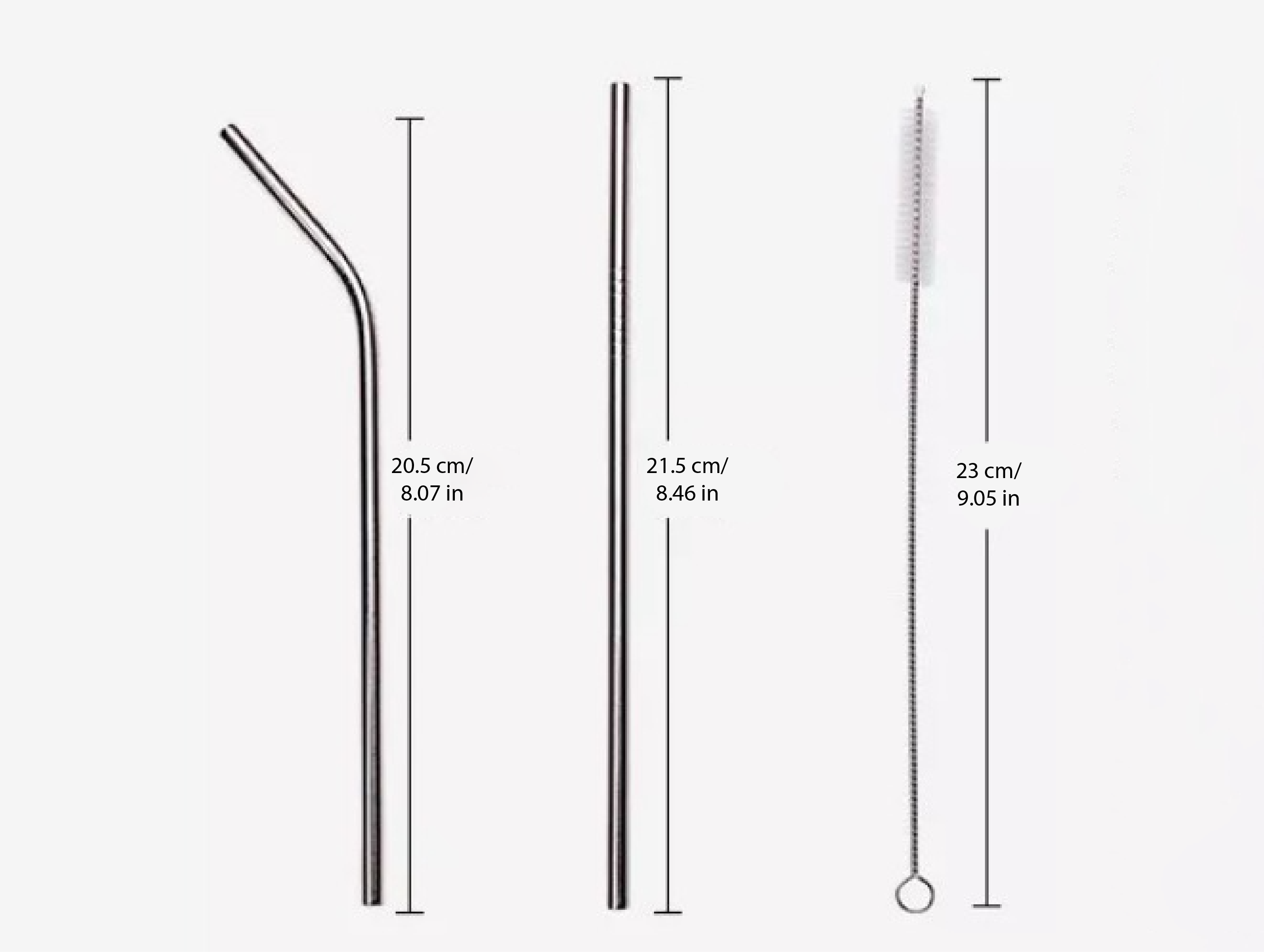 Eco-friendly 8-Pack of stainless steel, reusable drinking straws. Made with high-quality 304 stainless steel. Product Lengths.